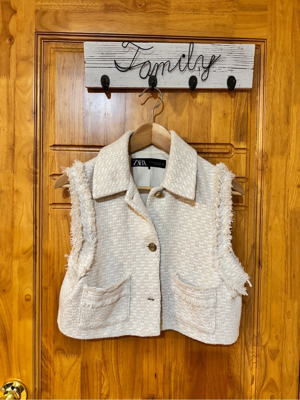 Zara Cream Textured Tweed Fringed Vest
